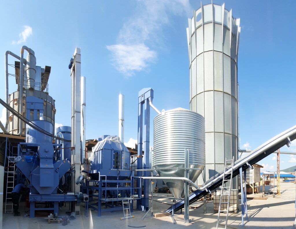 line for the production of pellets from dry sawdust with a capacity of 2.5 tons per hour. the photo shows a Munch granulator mod